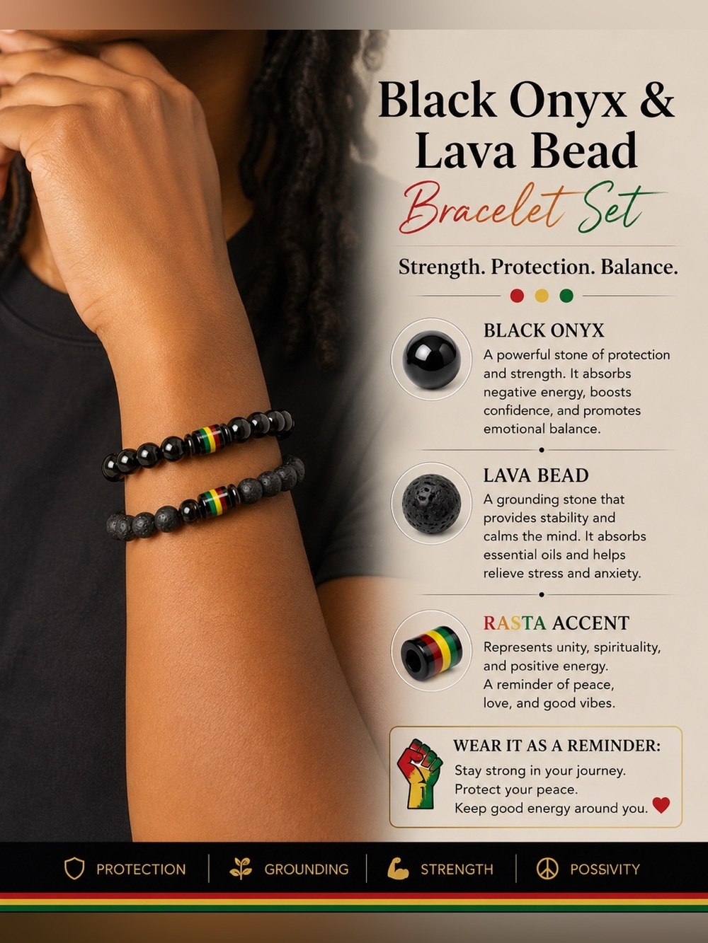 Black Onyx & Lava Bead Bracelet Set w/ Rasta Accent